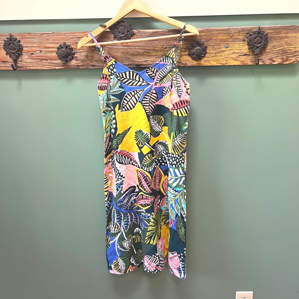 Cynthia‎ Rowley Women Multicolor Tropical Leaf Print 100% Linen Slip Dress Small